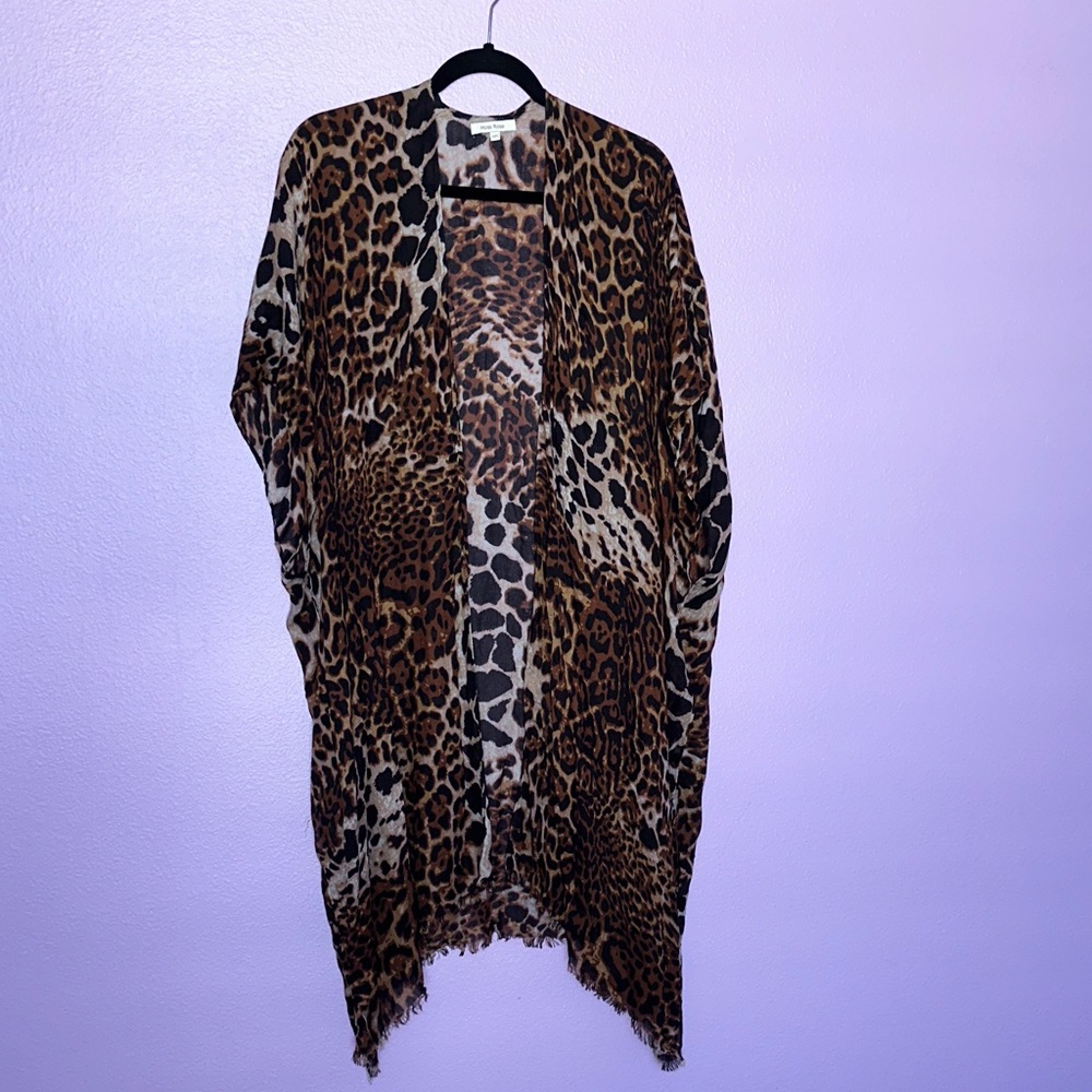 MOSS ROSE Leopard Print Kimono Cardigan with frayed hem